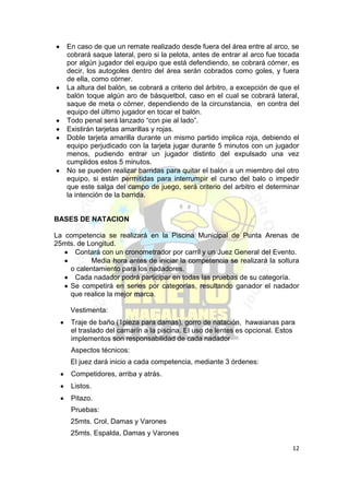 En caso de que un remate realizado desde fuera del área entre al arco, se
    cobrará saque lateral, pero si la pelota, antes de entrar al arco fue tocada
    por algún jugador del equipo que está defendiendo, se cobrará córner, es
    decir, los autogoles dentro del área serán cobrados como goles, y fuera
    de ella, como córner.
    La altura del balón, se cobrará a criterio del árbitro, a excepción de que el
    balón toque algún aro de básquetbol, caso en el cual se cobrará lateral,
    saque de meta o córner, dependiendo de la circunstancia, en contra del
    equipo del último jugador en tocar el balón.
    Todo penal será lanzado “con pie al lado”.
    Existirán tarjetas amarillas y rojas.
    Doble tarjeta amarilla durante un mismo partido implica roja, debiendo el
    equipo perjudicado con la tarjeta jugar durante 5 minutos con un jugador
    menos, pudiendo entrar un jugador distinto del expulsado una vez
    cumplidos estos 5 minutos.
    No se pueden realizar barridas para quitar el balón a un miembro del otro
    equipo, si están permitidas para interrumpir el curso del balo o impedir
    que este salga del campo de juego, será criterio del arbitro el determinar
    la intención de la barrida.


BASES DE NATACION

La competencia se realizará en la Piscina Municipal de Punta Arenas de
25mts. de Longitud.
      Contará con un cronometrador por carril y un Juez General del Evento.
           Media hora antes de iniciar la competencia se realizará la soltura
    o calentamiento para los nadadores.
      Cada nadador podrá participar en todas las pruebas de su categoría.
    Se competirá en series por categorías, resultando ganador el nadador
    que realice la mejor marca.

     Vestimenta:
     Traje de baño (1pieza para damas), gorro de natación, hawaianas para
     el traslado del camarín a la piscina. El uso de lentes es opcional. Estos
     implementos son responsabilidad de cada nadador
     Aspectos técnicos:
     El juez dará inicio a cada competencia, mediante 3 órdenes:
     Competidores, arriba y atrás.
     Listos.
     Pitazo.
     Pruebas:
     25mts. Crol, Damas y Varones
     25mts. Espalda, Damas y Varones

                                                                              12
 