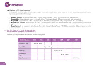 14
6.3 COMISIÓN DE ÉTICA Y DISCIPLINA
En cada etapa se conformará la comisión respectiva que resolverá las irregularidades que se presenten en cada una de las etapas cuyo fallo es
inapelable y que estará conformada por:
•	 Etapa IE o CEBA - Un docente de arte de la IE o CEBA, el director de la IE o CEBA, y un representante de la sociedad civil.
•	 Etapa UGEL - El especialista de cultura o encargado de los JFEN, el especialista de EBE y un representante de la sociedad civil.
•	 Etapa DRE - El especialista de cultura o encargado de los JFEN 2015, el especialista de EBE y un representante de la sociedad civil.
•	 Etapa Macro Regional - El especialista de cultura o encargado de los JFEN 2015, el especialista de EBE y un representante de la sociedad
civil.
•	 Etapa Nacional - Un especialista de la Dirección General de Educación Básica Regular - MINEDU, un especialista EBE y un representante de
la sociedad civil.
CRONOGRAMA MAY JUN JUL AGO SET OCT NOV
Etapa IIEE/CEBA Hasta el 26 jun          
Etapa UGEL    27 jun - 09 ago      
Etapa DRE       10 ago - 20 set    
Etapa Macro
Regional
        30 set - 08 oct  
Etapa Nacional             02- 07 nov
CRONOGRAMA DE EJECUCIÓN
Los JFEN 2015 se desarrollarán de acuerdo al siguiente cronograma:
7
 