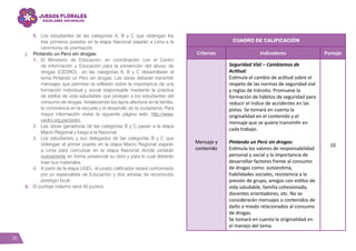 26
5.	 Los estudiantes de las categorías A, B y C que obtengan los
tres primeros puestos en la etapa Nacional viajarán a Lima a la
ceremonia de premiación.
j.	 Pintando un Perú sin drogas:
1.	El Ministerio de Educación, en coordinación con el Centro
de Información y Educación para la prevención del abuso de
drogas (CEDRO), en las categorías A, B y C desarrollarán el
tema Pintando un Perú sin drogas. Las obras deberán transmitir
mensajes que permitan la reflexión sobre la importancia de una
formación individual y social responsable mediante la práctica
de estilos de vida saludables que protejan a los estudiantes del
consumo de drogas, fortaleciendo los lazos afectivos en la familia,
la convivencia en la escuela y el desarrollo de la ciudadanía. Para
mayor información visitar la siguiente página web: http://www.
cedro.org.pe/cedro.
2.	 Las obras ganadoras de las categorías B y C pasan a la etapa
Macro Regional y luego a la Nacional.
3.	 Los estudiantes y sus delegados de las categorías B y C que
obtengan el primer puesto en la etapa Macro Regional viajarán
a Lima para concursar en la etapa Nacional donde pintarán
nuevamente en forma presencial su obra y para lo cual deberán
traer sus materiales.
4.	 A partir de la etapa UGEL, el jurado calificador estará conformado
por un especialista de Educación y dos artistas de reconocido
prestigio local.
k.	 El puntaje máximo será 50 puntos
Cuadro de calificación
Criterios Indicadores Puntaje
Mensaje y
contenido
Seguridad Vial – Cambiemos de
Actitud:
Estimula el cambio de actitud sobre el
respeto de las normas de seguridad vial
y reglas de tránsito. Promueve la
formación de hábitos de seguridad para
reducir el índice de accidentes en las
pistas. Se tomará en cuenta la
originalidad en el contenido y el
mensaje que se quiere transmitir en
cada trabajo.
Pintando un Perú sin drogas:
Estimula los valores de responsabilidad
personal y social y la importancia de
desarrollar factores frente al consumo
de drogas como: autoestima,
habilidades sociales, resistencia a la
presión de grupo, amigos con estilos de
vida saludable, familia cohesionada,
docentes orientadores, etc. No se
considerarán mensajes o contenidos de
daño o miedo relacionados al consumo
de drogas.
Se tomará en cuenta la originalidad en
el manejo del tema.
10
 