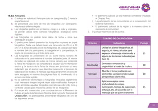 31
10.3.5. Fotografía
a.	 El trabajo es individual. Participan solo las categorías B y C hasta la
etapa Nacional.
b.	 Se presentará una serie de tres (3) fotografías por participante,
relacionada al tema elegido.
c.	 Las fotografías podrán ser en blanco y negro o a color y originales.
Se podrán utilizar tanto cámaras fotográficas analógicas como
digitales.
d.	Las fotografías no podrán tener datos de fecha u otros que
identifiquen al autor.
e.	 El participante deberá presentar las fotografías impresas en papel
fotográfico. Cada una deberá tener una dimensión de 20 cm x 30
cm. En el dorso de cada una de las fotografías, se colocará con lápiz
el nombre del o la participante, la categoría en la que participa, la
región de procedencia y el título de la serie.
f.	 Las fotografías se presentarán en un sobre manila tamaño A4
indicando en la parte externa el nombre del participante. Al interior
del sobre se colocará otro sobre de menor tamaño que contendrá
la Ficha de Inscripción. Se completará la sección sobre información
técnica y de la obra de la Ficha de Inscripción, junto con un texto
redactado por el alumno que describa claramente el proceso de
elaboración de la obra, el mensaje que busca transmitir a través del
tema escogido, en máximo dos páginas (Arial 12, interlineado 1.5 o
a mano con letra legible)
g.	 No se admitirán fotomontajes o fotografías retocadas digitalmente
cuyo mensaje e imagen original hayan sido modificadas. Aunque sí
serán admitidas aquellas fotografías con retoques de brillo, tono y
contraste usados para mejorar la calidad de las fotografías.
h.	 Por tercer año consecutivo y en coordinación con el Ministerio de
Cultura a través de la Secretaría Técnica de la Comisión Nacional del
Qhapaq Ñan, los participantes presentarán fotografías de uno de
los siguientes temas:
•	 El patrimonio cultural, ya sea material o inmaterial vinculado
al Qhapaq Ñan.
•	 La participación de las comunidades en la conservación del
Sistema Vial Andino.
•	 El patrimonio cultural de la región y la manera cómo lo
representa la comunidad.
i.	 El puntaje máximo es de 50 puntos.
Cuadro de calificación
Criterios Indicadores Puntaje
Composición
Utiliza los planos fotográficos, el
espacio, el ritmo y el color para
expresar el mensaje relacionado a
alguno de los temas indicados (ver
ítem h).
15
Creatividad
Demuestra innovación y
originalidad a través de la obra.
10
Mensaje
Aborda el tema resaltando sus
elementos y proponiendo nuevas
perspectivas sobre ellos.
10
Técnica
Aplica conceptos como
profundidad de campo,
iluminación, tiempo de exposición,
enfoque, etc. de acuerdo con el
mensaje que se quiere transmitir.
15
 