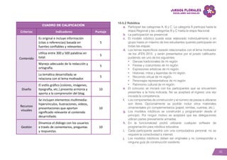 35
Cuadro de calificación
Criterios Indicadores Puntaje
Contenido
Es original e incluye información
(citas o referencias) basada en
fuentes confiables y relevantes.
5
Utiliza entre 300 y 500 palabras en
total.
5
Manejo adecuado de la redacción y
ortografía.
5
La temática desarrollada se
relaciona con el lema motivador.
5
Diseño
El estilo gráfico (colores, imágenes,
tipografía, etc.) presenta armonía y
aporta a la comprensión del blog.
10
Recursos
visuales
Se incluyen elementos multimedia:
hipervínculos, ilustraciones, videos,
presentaciones que aportan
significado relevante al contenido
desarrollado.
10
Gestión
Dinamiza el diálogo con los usuarios
a través de comentarios, preguntas
y respuestas.
10
10.5.2 Robótica
a.	 Participan las categorías A, B y C. La categoría A participa hasta la
etapa Regional y las categorías B y C hasta la etapa Nacional.
b.	 La participación es presencial.
c.	 El modelo robótico puede estar elaborado individualmente o en
grupo hasta un máximo de tres estudiantes quienes participarán en
todas las etapas.
d.	 Los temas específicos estarán relacionados con el lema motivador
de los JFEN 2015 y serán presentados por el jurado calificador,
pudiendo ser uno de los siguientes:
•	 Danzas tradicionales de mi región.
•	 Fiestas y costumbres de mi región.
•	 Expresiones artísticas de mi región.
•	 Historias, mitos y leyendas de mi región.
•	 Recorrido virtual de mi región.
•	 Personajes representativos de mi región.
•	 Patrimonio cultural de mi región.
e.	 El concurso se iniciará con los participantes que se encuentren
presentes a la hora indicada. No se aceptará el ingreso una vez
iniciada la competencia.
f.	 Los componentes de construcción y el número de piezas a utilizarse
son libres. Opcionalmente se podrán incluir otros materiales
ornamentales y/o complementarios (papel, remitas, cuentas, etc.)
g.	 Los modelos robóticos se construirán y programarán desde el
principio. Por ningún motivo se aceptará que las delegaciones
utilicen partes previamente armadas.
h.	En la funcionalidad podrá utilizarse cualquier software de
programación para robótica educativa.
i.	 Cada participante asistirá con una computadora personal, no se
requiere la conectividad a internet.
j.	 Los modelos robóticos deben ser originales y no corresponder a
ninguna guía de construcción existente.
 