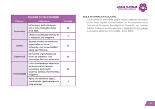 39
Cuadro de calificación
Criterios Indicadores Puntaje
Contenidos
La historieta está relacionada
con el lema motivador de los
JFEN 2015.
10
Emplea un adecuado manejo de
la redacción y la ortografía.
5
Diseño
Reconoce todos los elementos
organizados en forma
coherente, con secuencialidad
lógica y pertinencia.
10
Creatividad
Demuestra originalidad en la
forma de presentar a los
personajes, hechos y escenarios.
10
Funcionalidad
Utiliza los elementos necesarios
para expresar el mensaje:
escenarios, personajes,
acciones, sonidos, movimientos,
imágenes.
10
Aplica una secuencia lógica,
coordinación y pertinencia en la
programación.
5
10.5.5 INFORMACION ADICIONAL
Los docentes y/o estudiantes podrán realizar consultas adicionales
de las Áreas digitales comunicándose con el coordinador de la
Dirección de Innovación Tecnológica en Educación, Ing. Ladislao
Gallardo Rodríguez al correo electrónico: lgallardo@minedu.gob.pe
o a la central telefónica: 01-615 5800 - Anexo 26670.
 