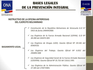 BASES LEGALES
DE LA PREVENCIÓN INTEGRAL
INSTRUCTIVO DE LA OFICINA ANTIDROGAS
DEL EJERCITO BOLIVARIANO
BASAMENTO LEGAL
 Constitución de la República Bolivariana de Venezuela G.O N°
5453 de fecha 24MAR2000.
 Ley Orgánica de la Fuerza Armada Nacional (LOFAN). G.O Nº
38.280 del 26SEP2.005
 Ley Orgánica de Drogas (LOD). Gaceta Oficial Nº 39.546 del
05NOV10.
 Ley Orgánica del Trabajo. Gaceta Oficial Nº 6.052 del
29ABR2.008
 Ley Orgánica de Seguridad Social de la Fuerza Armada Nacional
(LOSSFAN). Gaceta Oficial Nº 35.752 del 13JUL1.995.
 Ley Orgánica de la Administración Pública. Gaceta Oficial Nº
37.305 del 17OCT2001.
 