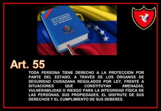 TODA PERSONA TIENE DERECHO A LA PROTECCIÓN POR
PARTE DEL ESTADO, A TRAVÉS DE LOS ÓRGANOS DE
SEGURIDAD CIUDADANA REGULADOS POR LEY, FRENTE A
SITUACIONES QUE CONSTITUYAN AMENAZAS,
VULNERABILIDAD O RIESGO PARA LA INTEGRIDAD FÍSICA DE
LAS PERSONAS, SUS PROPIEDADES, EL DISFRUTE DE SUS
DERECHOS Y EL CUMPLIMIENTO DE SUS DEBERES.
 