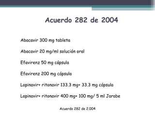 Acuerdo 282 de 2004
Abacavir 300 mg tableta
Abacavir 20 mg/ml solución oral
Efavirenz 50 mg cápsula
Efavirenz 200 mg cápsula
Lopinavir+ ritonavir 133.3 mg+ 33.3 mg cápsula
Lopinavir+ ritonavir 400 mg+ 100 mg/ 5 ml Jarabe
Acuerdo 282 de 2.004

 