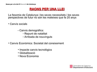 RAONS PER UNA LLEI
La fesomia de Catalunya i les seves necessitats i les seves
perspectives de futur no són les mateixes que fa 20 anys

• Canvis socials

        - Canvis demogràfics:
            - Repunt de natalitat
            - Arribada de nouvinguts

• Canvis Econòmics: Societat del coneixement

        • Impacte canvis tecnològics
        • Globalització
        • Nova Economia
 