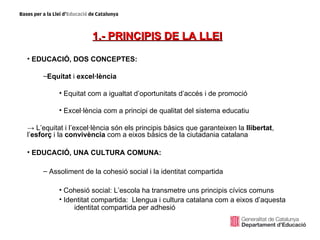 1.- PRINCIPIS DE LA LLEI

• EDUCACIÓ, DOS CONCEPTES:

     –Equitat i excel·lència

          • Equitat com a igualtat d’oportunitats d’accés i de promoció

          • Excel·lència com a principi de qualitat del sistema educatiu

→ L’equitat i l’excel·lència són els principis bàsics que garanteixen la llibertat,
l’esforç i la convivència com a eixos bàsics de la ciutadania catalana

• EDUCACIÓ, UNA CULTURA COMUNA:

     – Assoliment de la cohesió social i la identitat compartida

          • Cohesió social: L’escola ha transmetre uns principis cívics comuns
          • Identitat compartida: Llengua i cultura catalana com a eixos d’aquesta
               identitat compartida per adhesió
 