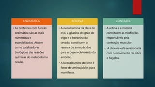 ENZIMÁTICA
• As proteínas com função
enzimática são as mais
numerosas e
especializadas. Atuam
como catalisadores
biológicos das reações
químicas do metabolismo
celular.
RESERVA
• A ovoalbumina da clara de
ovo, a gliadina do grão de
trigo e a hordeína da
cevada, constituem a
reserva de aminoácidos
para o desenvolvimento do
embrião.
• A lactoalbumina do leite é
fonte de aminoácidos para
mamíferos.
CONTRÁTIL
• A actina e a miosina
constituem as miofibrilas
responsáveis pela
contração muscular.
• A dineína está relacionada
com o movimento de cílios
e flagelos.
 