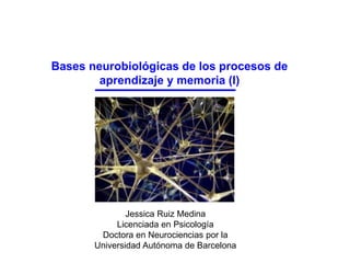 Bases neurobiológicas de los procesos de
aprendizaje y memoria (I)
Jessica Ruiz Medina
Licenciada en Psicología
Doctora en Neurociencias por la
Universidad Autónoma de Barcelona
 