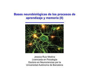 Bases neurobiológicas de los procesos de
aprendizaje y memoria (II)
Jessica Ruiz Medina
Licenciada en Psicología
Doctora en Neurociencias por la
Universidad Autónoma de Barcelona
 