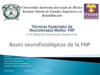 Técnicas Especiales de
                               Neuroterapia Medio: FNP
                            L.T.F María del Carmen López Zenteno Cato




Ponentes:
•Bocanegra Zepeda Itzel Jocelyn
•García Castañeda Edaly
•García Mosqueda Cuauhtémoc
•Alejandro Magno Malpica Nuñez.
|
Licenciatura:            Terapia Física   2012-B
 