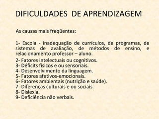 DIFICULDADES DE APRENDIZAGEM
As causas mais freqüentes:
1- Escola - inadequação de currículos, de programas, de
sistemas de avaliação, de métodos de ensino, e
relacionamento professor – aluno.
2- Fatores intelectuais ou cognitivos.
3- Déficits físicos e ou sensoriais.
4- Desenvolvimento da linguagem.
5- Fatores afetivos-emocionais.
6- Fatores ambientais (nutrição e saúde).
7- Diferenças culturais e ou sociais.
8- Dislexia.
9- Deficiência não verbais.
 