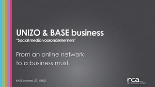 UNIZO & BASE business “Social media voorondernemers” From an online network to a business must BASE business, 20110825 