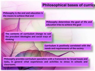 Philosophical bases of curricu
Philosophy is the end and education is
the means to achieve that end
Philosophy determines the goal of life and
education tries to achieve the goal
Curriculum is positively correlated with the
needs and requirements of the society
The contents of curriculum change to suit
the prevalent ideologies and social ways of
thinking
Philosophy provides curriculum specialists with a framework for broad issues and
tasks, in general what experiences and activities to stress in schools and
classrooms.
 