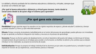 La calidad y eficacia probada de los sistemas educativos a distancia y virtuales, siempre que
se actúe con criterios de rigor.
¿Por qué la buena educación a distancia y virtual gana terreno, tanto desde la
social como desde la de quien elige el sistema para aprender?
¿Por qué gana este sistema?
Flexibilidad: Porque permite seguir los estudios sin los rígidos requisitos de espacio (¿dónde estudiar?), asistencia y tiempo
(¿cuándo estudiar?) y ritmo (¿a qué velocidad aprender.
Eficacia: Porque convierte al estudiante ineludiblemente en el centro del proceso de aprendizaje; puede aplicarse con inmediatez
lo que se aprende; se facilita la integración de medios y recursos en el proceso de aprendizaje.
Economía: Porque se ahorran gastos de desplazamiento; se evita el abandono del puesto de trabajo; se disminuye el tiempo
complementario de permanencia en el trabajo para acceder a la formación; se facilitan la edición y los cambios que se deseen
introducir en los materiales; se propicia la economía de escala.
Individualización: Porque se propicia el trabajo individual de los alumnos ya que cada uno puede buscar y consultar lo que le
importe en función de sus experiencias, conocimientos previos e intereses
 