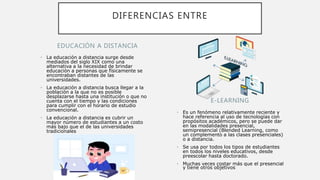 EDUCACIÓN A DISTANCIA
• La educación a distancia surge desde
mediados del siglo XIX como una
alternativa a la necesidad de brindar
educación a personas que físicamente se
encontraban distantes de las
universidades.
• La educación a distancia busca llegar a la
población a la que no es posible
desplazarse hasta una institución o que no
cuenta con el tiempo y las condiciones
para cumplir con el horario de estudio
convencional.
• La educación a distancia es cubrir un
mayor número de estudiantes a un costo
más bajo que el de las universidades
tradicionales
• Es un fenómeno relativamente reciente y
hace referencia al uso de tecnologías con
propósitos académicos, pero se puede dar
en las modalidades presencial,
semipresencial (Blended Learning, como
un complemento a las clases presenciales)
o a distancia.
• Se usa por todos los tipos de estudiantes
en todos los niveles educativos, desde
preescolar hasta doctorado.
• Muchas veces costar más que el presencial
y tiene otros objetivos
E-LEARNING
DIFERENCIAS ENTRE
 