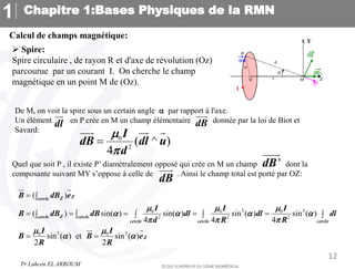 Chapitre 1:Bases Physiques de la RMN
1
12
Calcul de champs magnétique:
 Spire:
Spire circulaire , de rayon R et d'axe de révolution (Oz)
parcourue par un courant I. On cherche le champ
magnétique en un point M de (Oz).
De M, on voit la spire sous un certain angle a par rapport à l'axe.
Un élément en P crée en M un champ élémentaire donnée par la loi de Biot et
Savard:
dl


dB

0
2
( ^ )
4
I
dB dl u
d



 
 
Quel que soit P , il existe P’ diamétralement opposé qui crée en M un champ dont la
composante suivant MY s’oppose à celle de . Ainsi le champ total est porté par OZ:
dB
 '
dB

3 3
0 0 0
2 2 2
3 3
0 0
( )
( ) sin( ) sin( ) sin ( ) sin ( )
4 4 4
sin ( ) et sin ( )
2 2
Z
Z
cercle
Z
cercle cercle
cercle cercle cercle
Z
B dB e
I I I
B dB dB dl dl dl
d R R
I I
B B e
R R
  
a a a a
  
 
a a
 
    
    
 
 
 
Pr Lahcen EL ARROUM
 