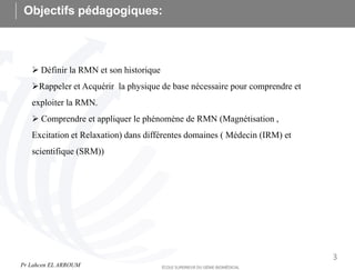 Objectifs pédagogiques:
3
 Définir la RMN et son historique
Rappeler et Acquérir la physique de base nécessaire pour comprendre et
exploiter la RMN.
 Comprendre et appliquer le phénomène de RMN (Magnétisation ,
Excitation et Relaxation) dans différentes domaines ( Médecin (IRM) et
scientifique (SRM))
Pr Lahcen EL ARROUM
 