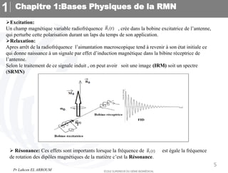 Chapitre 1:Bases Physiques de la RMN
1
5
Excitation:
Un champ magnétique variable radiofréquence , crée dans la bobine excitatrice de l’antenne,
qui perturbe cette polarisation durant un laps du temps de son application.
Relaxation:
Apres arrêt de la radiofréquence l’aimantation macroscopique tend à revenir à son état initiale ce
qui donne naissance à un signale par effet d’induction magnétique dans la bibine réceptrice de
l’antenne.
Selon le traitement de ce signale induit , on peut avoir soit une image (IRM) soit un spectre
(SRMN)
𝐵1(𝑡)
 Résonance: Ces effets sont importants lorsque la fréquence de est égale la fréquence
de rotation des dipôles magnétiques de la matière c’est la Résonance.
𝐵1(𝑡)
Pr Lahcen EL ARROUM
 