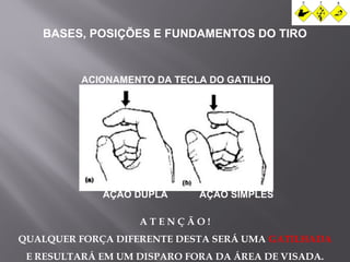 BASES, POSIÇÕES E FUNDAMENTOS DO TIRO 
ACIONAMENTO DA TECLA DO GATILHO 
AÇÃO DUPLA AÇÃO SIMPLES 
A T E N Ç Ã O ! 
QUALQUER FORÇA DIFERENTE DESTA SERÁ UMA GATILHADA 
E RESULTARÁ EM UM DISPARO FORA DA ÁREA DE VISADA. 
 