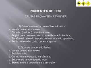 INCIDENTES DE TIRO 
CAUSAS PROVÁVEIS - REVÓLVER 
1) Quando o tambor do revólver não abre: 
a. Vareta do extrator frouxa; 
b. Chumbo (resíduo) na antecâmara; 
c. Projétil preso entre o cano e uma câmara do tambor; 
d. Parafuso do eixo do suporte do tambor muito apertado; 
e. Ponta do ferrolho curta, por estar gasta. 
2) Quando tambor não fecha: 
a. Vareta do extrator frouxa; 
b. Espoleta alta; 
c. Cartucho mal colocado na câmara; 
d. Suporte do tambor fora do lugar 
e. Sujeira entre a dobradiça e a armação. 
 