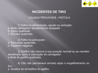 INCIDENTES DE TIRO 
CAUSAS PROVÁVEIS - PISTOLA 
1) Falha na alimentação, ejeção ou extração: 
a. Mola carregador apresentando desgaste 
b. Ejetor quebrado 
c. Extrator quebrado 
2) Falha na percussão: 
a. Percussor quebrado 
b. Espoleta negativa 
3) Gatilho não retorna à sua posição normal ou se mantém 
desativado após a colocação do carregador: 
a.Mola do gatilho quebrada. 
4) Cão não permanece armado após o engatilhamento ou 
tiro: 
a. Quebra da armadilha do gatilho 
 