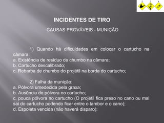 INCIDENTES DE TIRO 
CAUSAS PROVÁVEIS - MUNIÇÃO 
1) Quando há dificuldades em colocar o cartucho na 
câmara: 
a. Existência de resíduo de chumbo na câmara; 
b. Cartucho descalibrado; 
c. Rebarba de chumbo do projétil na borda do cartucho; 
2) Falha da munição: 
a. Pólvora umedecida pela graxa; 
b. Ausência de pólvora no cartucho; 
c. pouca pólvora no cartucho (O projétil fica preso no cano ou mal 
sai do cartucho podendo ficar entre o tambor e o cano); 
d. Espoleta vencida (não haverá disparo); 
 