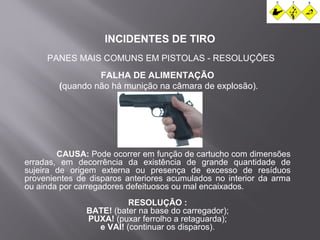 INCIDENTES DE TIRO 
PANES MAIS COMUNS EM PISTOLAS - RESOLUÇÕES 
FALHA DE ALIMENTAÇÃO 
(quando não há munição na câmara de explosão). 
CAUSA: Pode ocorrer em função de cartucho com dimensões 
erradas, em decorrência da existência de grande quantidade de 
sujeira de origem externa ou presença de excesso de resíduos 
provenientes de disparos anteriores acumulados no interior da arma 
ou ainda por carregadores defeituosos ou mal encaixados. 
RESOLUÇÃO : 
BATE! (bater na base do carregador); 
PUXA! (puxar ferrolho a retaguarda); 
e VAI! (continuar os disparos). 
 