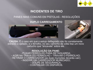 INCIDENTES DE TIRO 
PANES MAIS COMUNS EM PISTOLAS - RESOLUÇÕES 
DUPLO CARREGAMENTO 
CAUSA: É o caso em que o estojo deflagrado não foi corretamente 
extraído e ejetado, e o ferrolho, no seu caminho de volta traz um novo 
cartucho que “encavala” sobre ele. 
RESOLUÇÃO DA PANE: 
- PUXAR FERROLHO PARA RETAGUARDA; 
- AGIR NA TRAVA DO FERROLHO – TRAVAR O FERROLHO; 
- RETIRAR O CARREGADOR (as duas munições deverão cair); 
- INSERIR UM CARREGADOR MUNICIADO; 
- GOLPE DE SEGURANÇA; 
- CONTINUAR OS DISPAROS. 
 