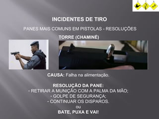 INCIDENTES DE TIRO 
PANES MAIS COMUNS EM PISTOLAS - RESOLUÇÕES 
TORRE (CHAMINÉ) 
CAUSA: Falha na alimentação. 
RESOLUÇÃO DA PANE: 
- RETIRAR A MUNIÇÃO COM A PALMA DA MÃO; 
- GOLPE DE SEGURANÇA; 
- CONTINUAR OS DISPAROS. 
ou 
BATE, PUXA E VAI! 
 