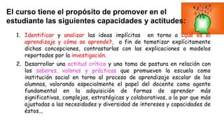 El curso tiene el propósito de promover en el
estudiante las siguientes capacidades y actitudes:
1. Identificar y analizar las ideas implícitas en torno a ¿qué es el
aprendizaje y cómo se aprende?, a fin de tematizar explícitamente
dichas concepciones, contrastarlas con las explicaciones o modelos
reportados por la investigación.
2. Desarrollar una actitud crítica y una toma de postura en relación con
los saberes, valores y prácticas que promueven la escuela como
institución social en torno al proceso de aprendizaje escolar de los
alumnos, valorando especialmente el papel del docente como agente
fundamental en la adquisición de formas de aprender más
significativas, complejas, estratégicas y colaborativas, a la par que más
ajustadas a las necesidades y diversidad de intereses y capacidades de
éstos...

 