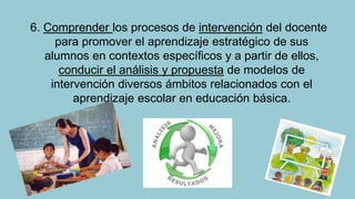 6. Comprender los procesos de intervención del docente
para promover el aprendizaje estratégico de sus
alumnos en contextos específicos y a partir de ellos,
conducir el análisis y propuesta de modelos de
intervención diversos ámbitos relacionados con el
aprendizaje escolar en educación básica.

 