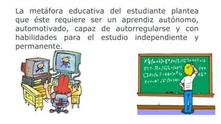 La metáfora educativa del estudiante plantea
que éste requiere ser un aprendiz autónomo,
automotivado, capaz de autorregularse y con
habilidades para el estudio independiente y
permanente.

 