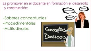Es promover en el docente en formación el desarrollo
y construcción:
-Saberes conceptuales
-Procedimentales
-Actitudinales.

 
