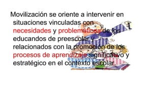 Movilización se oriente a intervenir en
situaciones vinculadas con
necesidades y problemáticas de los
educandos de preescolar y
relacionados con la promoción de los
procesos de aprendizaje significativo y
estratégico en el contexto escolar.

 