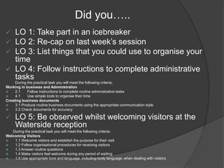 Did you…..
 LO 1: Take part in an icebreaker
 LO 2: Re-cap on last week’s session
 LO 3: List things that you could use to organise your
time
 LO 4: Follow instructions to complete administrative
tasks
During the practical task you will meet the following criteria;
Working in business and Administration
 2.1 Follow instructions to complete routine administrative tasks
 4.1 Use simple tools to organise their time
Creating business documents
 3.1 Produce routine business documents using the appropriate communication style
 3.2 Check documents for accuracy
 LO 5: Be observed whilst welcoming visitors at the
Waterside reception
During the practical task you will meet the following criteria;
Welcoming Visitors
 1.1 Welcome visitors and establish the purpose for their visit
 1.2 Follow organisational procedures for receiving visitors
 1.3 Answer routine questions
 1.4 Make visitors feel welcome during any period of waiting
 1.5 Use appropriate tone and language, including body language, when dealing with visitors
 