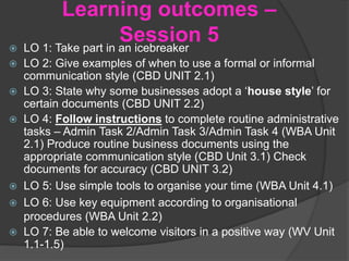 Learning outcomes –
Session 5 LO 1: Take part in an icebreaker
 LO 2: Give examples of when to use a formal or informal
communication style (CBD UNIT 2.1)
 LO 3: State why some businesses adopt a ‘house style’ for
certain documents (CBD UNIT 2.2)
 LO 4: Follow instructions to complete routine administrative
tasks – Admin Task 2/Admin Task 3/Admin Task 4 (WBA Unit
2.1) Produce routine business documents using the
appropriate communication style (CBD Unit 3.1) Check
documents for accuracy (CBD UNIT 3.2)
 LO 5: Use simple tools to organise your time (WBA Unit 4.1)
 LO 6: Use key equipment according to organisational
procedures (WBA Unit 2.2)
 LO 7: Be able to welcome visitors in a positive way (WV Unit
1.1-1.5)
 