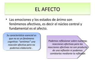 EL AFECTO
• Las emociones y los estados de ánimo son
  fenómenos afectivos, es decir el núcleo central y
  fundamental es el afecto.
Su característica esencial es
 Su característica esencial es
   que no es un fenómeno
    que no es un fenómeno
 cognitivo: “sentimos” una
  cognitivo: “sentimos” una       Podemos reflexionar sobre nuestras
                                   Podemos reflexionar sobre nuestras
 reacción afectiva pero no
  reacción afectiva pero no           reacciones afectivas pero las
                                       reacciones afectivas pero las
    podemos elaborarla ..
     podemos elaborarla          reacciones afectivas no son producto
                                  reacciones afectivas no son producto
                                      de una reflexión ni podemos
                                       de una reflexión ni podemos
                                    cambiarlas mediante la reflexión
                                     cambiarlas mediante la reflexión
 