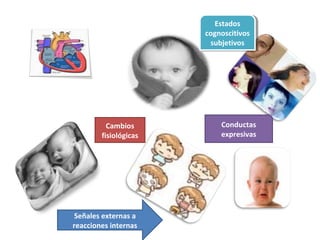 Estados
                            Estados
                       cognoscitivos
                        cognoscitivos
                         subjetivos
                          subjetivos




          Cambios          Conductas
        fisiológicas       expresivas




 Señales externas a
reacciones internas
 