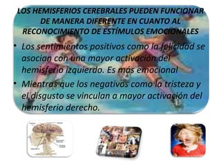 LOS HEMISFERIOS CEREBRALES PUEDEN FUNCIONAR
      DE MANERA DIFERENTE EN CUANTO AL
 RECONOCIMIENTO DE ESTÍMULOS EMOCIONALES
• Los sentimientos positivos como la felicidad se
  asocian con una mayor activación del
  hemisferio izquierdo. Es más emocional
• Mientras que los negativos como la tristeza y
  el disgusto se vinculan a mayor activación del
  hemisferio derecho.
 