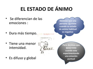 EL ESTADO DE ÁNIMO
• Se diferencian de las   Decimos que una
  emociones :             persona ES triste
                          cuando su estado
                          de animo habitual
                             es negativo
• Dura más tiempo.

• Tiene una menor            Pero decimos que
  intensidad.                   ESTÁ triste
                               cuando esta
                             experimentando
                               una emoción
• Es difuso y global              puntual
 