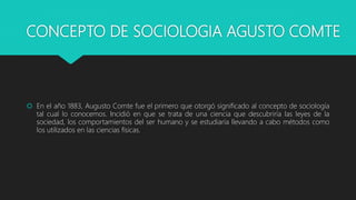 CONCEPTO DE SOCIOLOGIA AGUSTO COMTE
 En el año 1883, Augusto Comte fue el primero que otorgó significado al concepto de sociología
tal cual lo conocemos. Incidió en que se trata de una ciencia que descubriría las leyes de la
sociedad, los comportamientos del ser humano y se estudiaría llevando a cabo métodos como
los utilizados en las ciencias físicas.
 