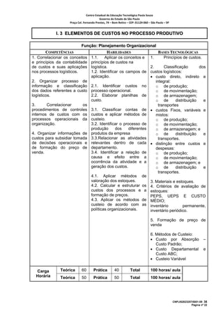 Centro Estadual de Educação Tecnológica Paula Souza 
                                           Governo do Estado de São Paulo 
                    Praça Cel. Fernando Prestes, 74 – Bom Retiro – CEP: 01124‐060 – São Paulo – SP     


            I. 3 ELEMENTOS DE CUSTOS NO PROCESSO PRODUTIVO

                             Função: Planejamento Organizacional
       COMPETÊNCIAS                           HABILIDADES                                  BASES TECNOLÓGICAS
1. Correlacionar os conceitos        1.1.    Aplicar os conceitos e                  1.      Princípios de custos.
e princípios da contabilidade        princípios de custos na
de custos e suas aplicações          logística.                                      2.      Classificação       dos
nos processos logísticos.            1.2. Identificar os campos de                   custos logísticos:
                                     aplicação.                                      • custo direto, indireto e
2. Organizar processo de                                                                integral:
informação e classificação 2.1. Identificar custos no                                   o de produção;
dos dados referentes a custo processo operacional.                                      o de movimentação;
logísticos.                  2.2. Elaborar planilhas de                                 o de armazenagem;
                             custo.                                                     o de        distribuição   e
3.       Correlacionar    os                                                              transportes
procedimentos de controles 3.1. Classificar contas de                                • custos Fixos, variáveis e
internos de custos com os custos e aplicar métodos de                                   mistos:
processos operacionais da custeio.                                                      o de produção;
organização.                 3.2. Identificar o processo de                             o de movimentação;
                             produção      dos     diferentes                           o de armazenagem; e
4. Organizar informações de produtos da empresa                                         o de        distribuição   e
custos para subsidiar tomada 3.3.Relacionar as atividades                                 transportes.
de decisões operacionais e relevantes dentro de cada                                 • distinção entre custos e
de formação do preço de departamento.                                                   despesas:
venda.                       3.4. Identificar a relação de                              o de produção;
                             causa e efeito entre a                                     o de movimentação;
                             ocorrência da atividade e a                                o de armazenagem; e
                             geração dos custos.                                        o de        distribuição   e
                                                                                          transportes.
                                     4.1. Aplicar métodos de
                                     valoração dos estoques.                         3. Materiais e estoques.
                                     4.2. Calcular e estruturar os                   4. Critérios de avaliação de
                                     custos dos processos e a                        estoques:
                                     formação de preços.                             PEPS, UEPS E CUSTO
                                     4.3. Aplicar os métodos de                      MÉDIO;
                                     custeio de acordo com as                        inventário        permanente,
                                     políticas organizacionais.                      inventário periódico.

                                                                                     5. Formação de preço de
                                                                                     venda

                                                                                     6. Métodos de Custeio:
                                                                                     • Custo por Absorção                       –
                                                                                        Custo Padrão;
                                                                                     • Custo Departamental                      e
                                                                                        Custo ABC;
                                                                                     • Custeio Variável

  Carga        Teórica       60        Prática         40           Total            100 horas/ aula
  Horária      Teórica       50        Prática         50           Total            100 horas/ aula




                                                                                                          CNPJ/62823257/0001-09 38
                                                                                                                       Página nº 22
 
