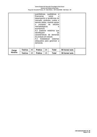 Centro Estadual de Educação Tecnológica Paula Souza 
                                           Governo do Estado de São Paulo 
                    Praça Cel. Fernando Prestes, 74 – Bom Retiro – CEP: 01124‐060 – São Paulo – SP     


                                quantitativas, qualitativas e
                                financeiras      sobre      o
                                desempenho e tendências do
                                mercado, produtos, custos e
                                demais dados, visando apoiar
                                o processo de estudos
                                mercadológicos              e
                                econômicos.
                                4.2. Elaborar relatórios que
                                identifiquem               as
                                características de demanda
                                do produto em estudo.
                                4.3. Estabelecer sistemas
                                adequados para gerenciar a
                                demanda.



Carga     Teórica        40       Prática          20           Total            60 horas/ aula
Horária   Teórica        25       Prática          25           Total            50 horas/ aula




                                                                                                          CNPJ/62823257/0001-09 38
                                                                                                                       Página nº 26
 