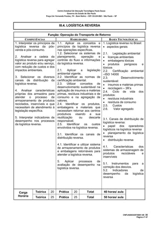 Centro Estadual de Educação Tecnológica Paula Souza 
                                                Governo do Estado de São Paulo 
                         Praça Cel. Fernando Prestes, 74 – Bom Retiro – CEP: 01124‐060 – São Paulo – SP     



                                       III.4. LOGÍSTICA REVERSA

                           Função: Operação do Transporte de Retorno
        COMPETÊNCIAS                      HABILIDADES                                         BASES TECNOLÓGICAS
1. Interpretar os princípios da 1.1. Aplicar os conceitos e                              1. Logística reversa no Brasil:
logística reversa da pós- princípios da logística reversa                                • aspectos gerais
venda e pós-consumo.            nas operações específicas.
                                1.2. Selecionar os sistemas de                           2.1.    Legislação ambiental
2. Analisar a cadeia da planejamento,               operação     e                       • licenças ambientais
logística reversa para agregar controle do fluxo e informações                           • embalagens tóxicas
valor ao produto e/ou serviço, da logística reversa.                                     • produtos        perigosos  e
com redução de custos e dos                                                              tóxicos
impactos ambientais.            2.1.   Aplicar     a    legislação                       2.2.    Certificação ambiental
                                ambiental vigente.                                       –ISO 14000
3. Selecionar os diversos 2.2. Identificar as normas de                                  2.3.           Desenvolvimento
canais de distribuição da certificação ambiental.                                        sustentável:
logística reversa.              2.3.   Utilizar    conceitos    de                       • insumos e matérias primas
                                desenvolvimento sustentável na                           • reciclagem – 3R’s
4. Analisar características aplicação de insumos e matérias                              2.4.    Ciclo de vida dos
próprias dos armazéns para primas, resíduos industriais e de                             produtos:
atender o processo de consumo e na agregação de                                          • resíduos industriais
armazenamento de produtos valores.
                                                                                         • resíduos de consumo
reciclados, inservíveis e que 2.4. Identificar os produtos,
                                                                                         2.5.    Custos
necessitam de atendimento à embalagens e materiais que
                                                                                         2.6.    Valor agregado
legislação específica.          necessitam retornar aos centros
                                produtivos visando a sua
5. Interpretar indicadores de reutilização       ou       descarte
                                                                   3.1. Canais de distribuição de
desempenho nos processos responsável.
                                                                   logística reversa:
da logística reversa.           2.5.   Identificar    os    custos
                                                                   • papel dos operadores
                                envolvidos na logística reversa.
                                                                   logísticos na logística reversa
                                     3.1. Identificar os canais de • planejamento da logística
                                     distribuição reversa.         reversa
                                                                   • distribuição reversa
                                     4.1. Identificar e utilizar sistema
                                     de armazenamento de produtos 4.1.           Características  dos
                                     e embalagens retornáveis para       sistemas de armazenagem de
                                     atender a logística reversa.        produtos     recicláveis   e
                                                                         inservíveis
                                     5.     Aplicar   processos de
                                     avaliação de desempenho na 5.1. Instrumentos para a
                                     logística reversa.            correção dos desvios.
                                                                   5.2.   Indicadores           de
                                                                   desempenho      da    logística
                                                                   reversa




  Carga        Teórica        20       Prática          20             Total              40 horas/ aula
  Horária      Teórica        25       Prática          25             Total              50 horas/ aula




                                                                                                               CNPJ/62823257/0001-09 38
                                                                                                                            Página nº 47
 