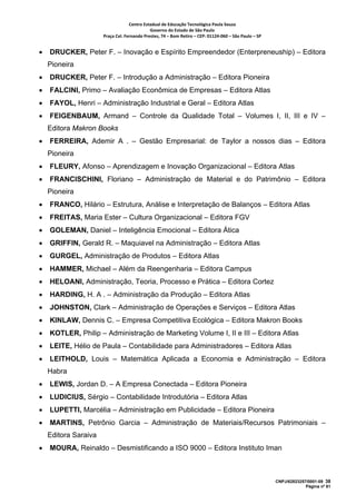 Centro Estadual de Educação Tecnológica Paula Souza 
                                             Governo do Estado de São Paulo 
                      Praça Cel. Fernando Prestes, 74 – Bom Retiro – CEP: 01124‐060 – São Paulo – SP     


•   DRUCKER, Peter F. – Inovação e Espírito Empreendedor (Enterpreneuship) – Editora
    Pioneira
•   DRUCKER, Peter F. – Introdução a Administração – Editora Pioneira
•   FALCINI, Primo – Avaliação Econômica de Empresas – Editora Atlas
•   FAYOL, Henri – Administração Industrial e Geral – Editora Atlas
•   FEIGENBAUM, Armand – Controle da Qualidade Total – Volumes I, II, III e IV –
    Editora Makron Books
•   FERREIRA, Ademir A . – Gestão Empresarial: de Taylor a nossos dias – Editora
    Pioneira
•   FLEURY, Afonso – Aprendizagem e Inovação Organizacional – Editora Atlas
•   FRANCISCHINI, Floriano – Administração de Material e do Patrimônio – Editora
    Pioneira
•   FRANCO, Hilário – Estrutura, Análise e Interpretação de Balanços – Editora Atlas
•   FREITAS, Maria Ester – Cultura Organizacional – Editora FGV
•   GOLEMAN, Daniel – Inteligência Emocional – Editora Ática
•   GRIFFIN, Gerald R. – Maquiavel na Administração – Editora Atlas
•   GURGEL, Administração de Produtos – Editora Atlas
•   HAMMER, Michael – Além da Reengenharia – Editora Campus
•   HELOANI, Administração, Teoria, Processo e Prática – Editora Cortez
•   HARDING, H. A . – Administração da Produção – Editora Atlas
•   JOHNSTON, Clark – Administração de Operações e Serviços – Editora Atlas
•   KINLAW, Dennis C. – Empresa Competitiva Ecológica – Editora Makron Books
•   KOTLER, Philip – Administração de Marketing Volume I, II e III – Editora Atlas
•   LEITE, Hélio de Paula – Contabilidade para Administradores – Editora Atlas
•   LEITHOLD, Louis – Matemática Aplicada a Economia e Administração – Editora
    Habra
•   LEWIS, Jordan D. – A Empresa Conectada – Editora Pioneira
•   LUDICIUS, Sérgio – Contabilidade Introdutória – Editora Atlas
•   LUPETTI, Marcélia – Administração em Publicidade – Editora Pioneira
•   MARTINS, Petrônio Garcia – Administração de Materiais/Recursos Patrimoniais –
    Editora Saraiva
•   MOURA, Reinaldo – Desmistificando a ISO 9000 – Editora Instituto Iman



                                                                                                            CNPJ/62823257/0001-09 38
                                                                                                                         Página nº 61
 