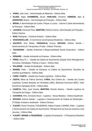 Centro Estadual de Educação Tecnológica Paula Souza 
                                             Governo do Estado de São Paulo 
                      Praça Cel. Fernando Prestes, 74 – Bom Retiro – CEP: 01124‐060 – São Paulo – SP     


•   VIANA, João José – Administração de Materiais – Editora Atlas
•   SLAEK, Nigel; CHAMBERS, Stuart; HARLAND, Christine; HAMSON, Alan &
    JOHNSTON, Robert – Administração da Produção – Editora Atlas
•   BRUNI, A Administração de Custos, Preços e Lucros – Volume 5 (série desvendando
    as finanças) – Editora Atlas
•   LAUGENI, Fernando Piero; MARTINS, Petrônio Garcia. Administração da Produção –
    Editora Saraiva
•   DIAS, Rodrigues – Comércio Exterior – Editora Atlas
•   VASCONCELLOS – E-Commerce nas Empresas Brasileiras – Editora Atlas
•   VALENTE, Amir Mattar; PASSAGLIA, Eunice; NOVAES, Antônio Galvão –
    Gerenciamento de Transportes e Frotas – Editora Thomson
•   TACHIZAWA – Gestão Ambiental e Responsabilidade Social Corporativa – Editora
    Atlas
•   DONAIRE – Gestão Ambiental na Empresa – Editora Atlas
•   PIRES, Silvio R. I. – Gestão da Cadeia de Suprimentos (Supply Chain Management):
    Conceitos, Estratégias, Práticas e Casos – Editora Atlas
•   PALADINE – Gestão da Qualidade – Editora Atlas
•   WANKE, Peter – Gestão de Estoques na Cadeia de Suprimentos: Decisões de
    modelos quantitativos – Editora Atlas
•   FARIA / COSTA – Gestão dos Custos Logísticos – Editora Atlas
•   COSTA, Maria de Fátima Garneiro; FARIA, Ana Cristina de – Gestão dos Custos
    Logísticos: Custeio Baseado em Atividades (ABC). Balanced Scorecard (BSC). Valor
    Econômico Agregado (EVA) – Editora Atlas
•   CAIXETA, Filho; José Vicente; MARTINS, Ricardo Silveira – Gestão Logística de
    Transporte de Cargas – Editora Atlas
•   CAVANHA, Filho, Armando Oscar – Logística – Novos Modelos – Editora Qualitmark
•   NOVAES, Antonio Galvão – Logística e Gerenciamento da Cadeia de Distribuição –
    2ª Edição revisada e atualizada – Editora Campus
•   FLEURY, Paulo Fernando; FIGUEIREDO, Kleber Fossati e WANKE, Peter – Logística
    e Gerenciamento da Cadeia de Suprimentos: Planejamento do fluxo de produtos e dos
    recursos – Editora Atlas
•   FLEURY; WANKE e FIGUEIREDO – Logística Empresarial – A Perspectiva Brasileira
    – Editora Atlas


                                                                                                            CNPJ/62823257/0001-09 38
                                                                                                                         Página nº 63
 