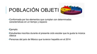 POBLACIÓN OBJETIVO
•Conformada por los elementos que cumplan con determinadas
características en un tiempo y espacio
•Ejemplo:
•Estudiantes inscritos durante el presente ciclo escolar que le gusta la música
clásica
•Personas del país de México que tuvieron hepatitis en el 2014
 