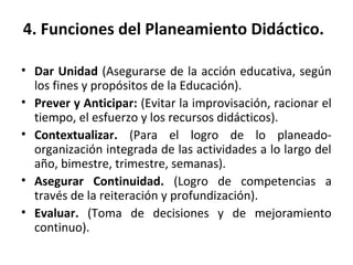 4. Funciones del Planeamiento Didáctico.
• Dar Unidad (Asegurarse de la acción educativa, según
los fines y propósitos de la Educación).
• Prever y Anticipar: (Evitar la improvisación, racionar el
tiempo, el esfuerzo y los recursos didácticos).
• Contextualizar. (Para el logro de lo planeado-
organización integrada de las actividades a lo largo del
año, bimestre, trimestre, semanas).
• Asegurar Continuidad. (Logro de competencias a
través de la reiteración y profundización).
• Evaluar. (Toma de decisiones y de mejoramiento
continuo).
 