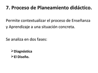 7. Proceso de Planeamiento didáctico.
Permite contextualizar el proceso de Enseñanza
y Aprendizaje a una situación concreta.
Se analiza en dos fases:
Diagnóstica
El Diseño.
 